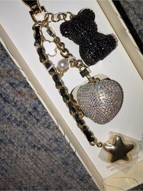 Eye Candy LA Gold Rhinestone Bear & AB Heart Handbag Charm New